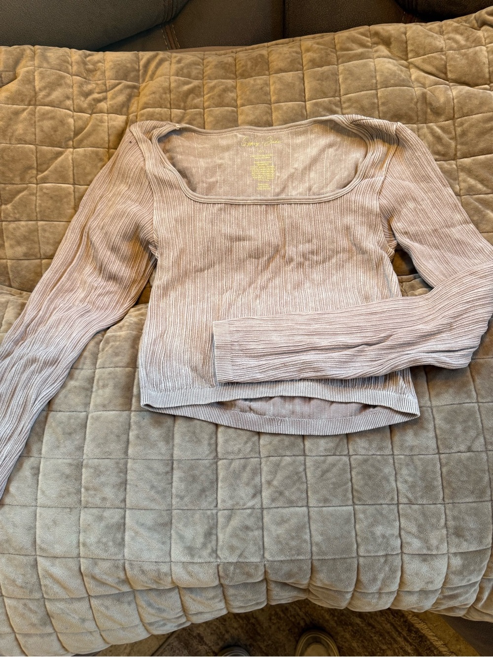Jade Ribbed Square-Neck Long Sleeve Top - Light Taupe